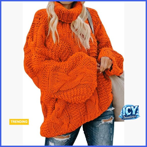 Chunky Cable Knit Turtleneck Sweater Pullover Loose Fit Casual Cozy